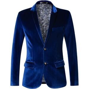 Mens Velvet Blazer Slim Fit Formal Event Large Blue Evening Holiday Sportscoat
